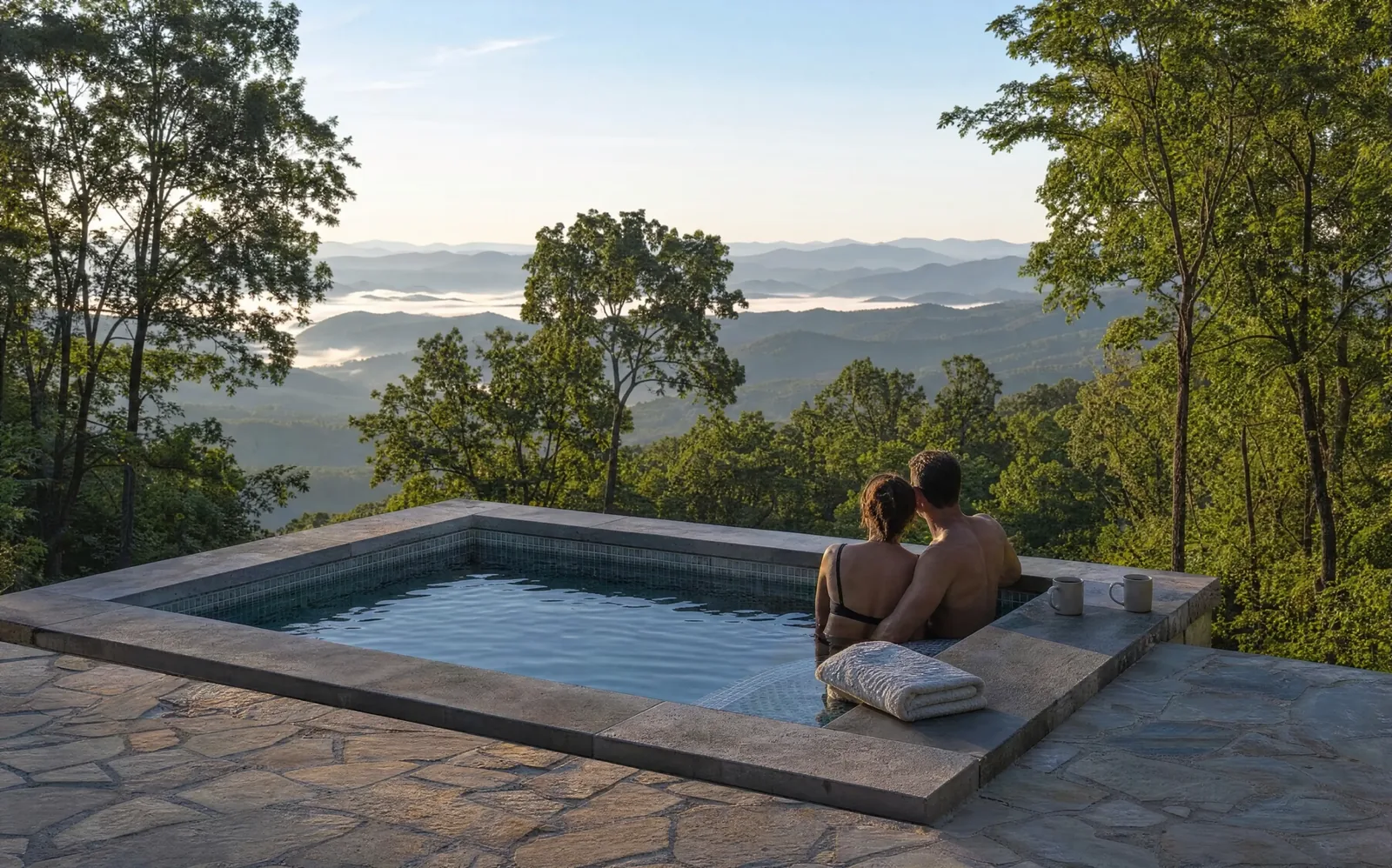 A couple in a plunge pool at sunrise above the mist