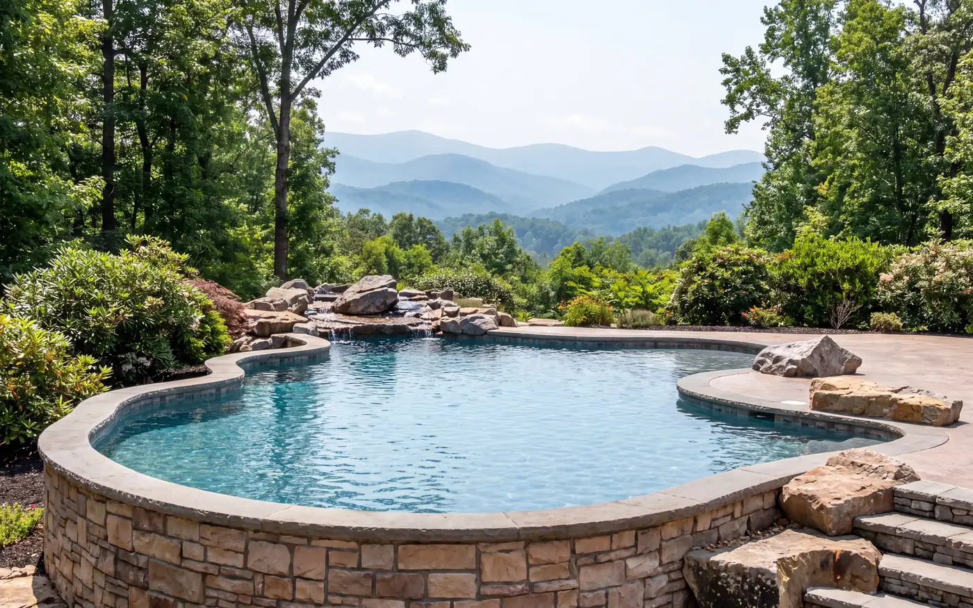 Freeform pool with a boulder waterfall and a mountain view