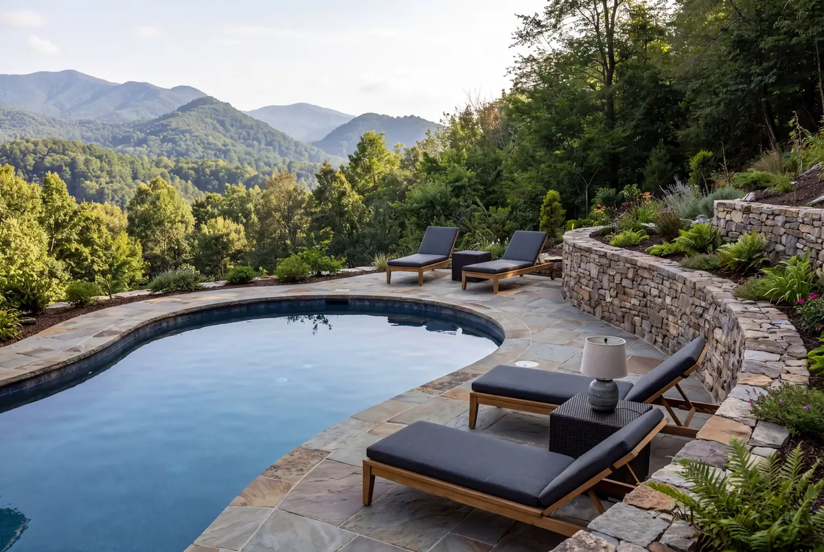 Freeform pool on a hillside lot with a stone retaining wall