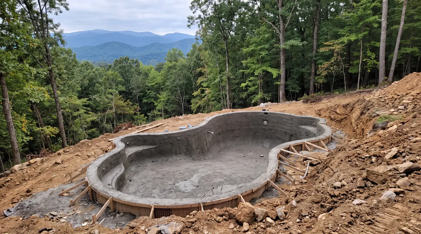 Gunite pool shell under construction on a hillside lot