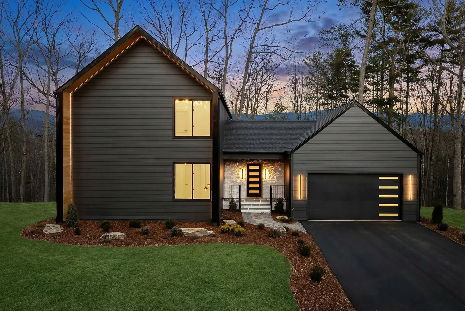 A custom home we built near Asheville, photographed at dusk