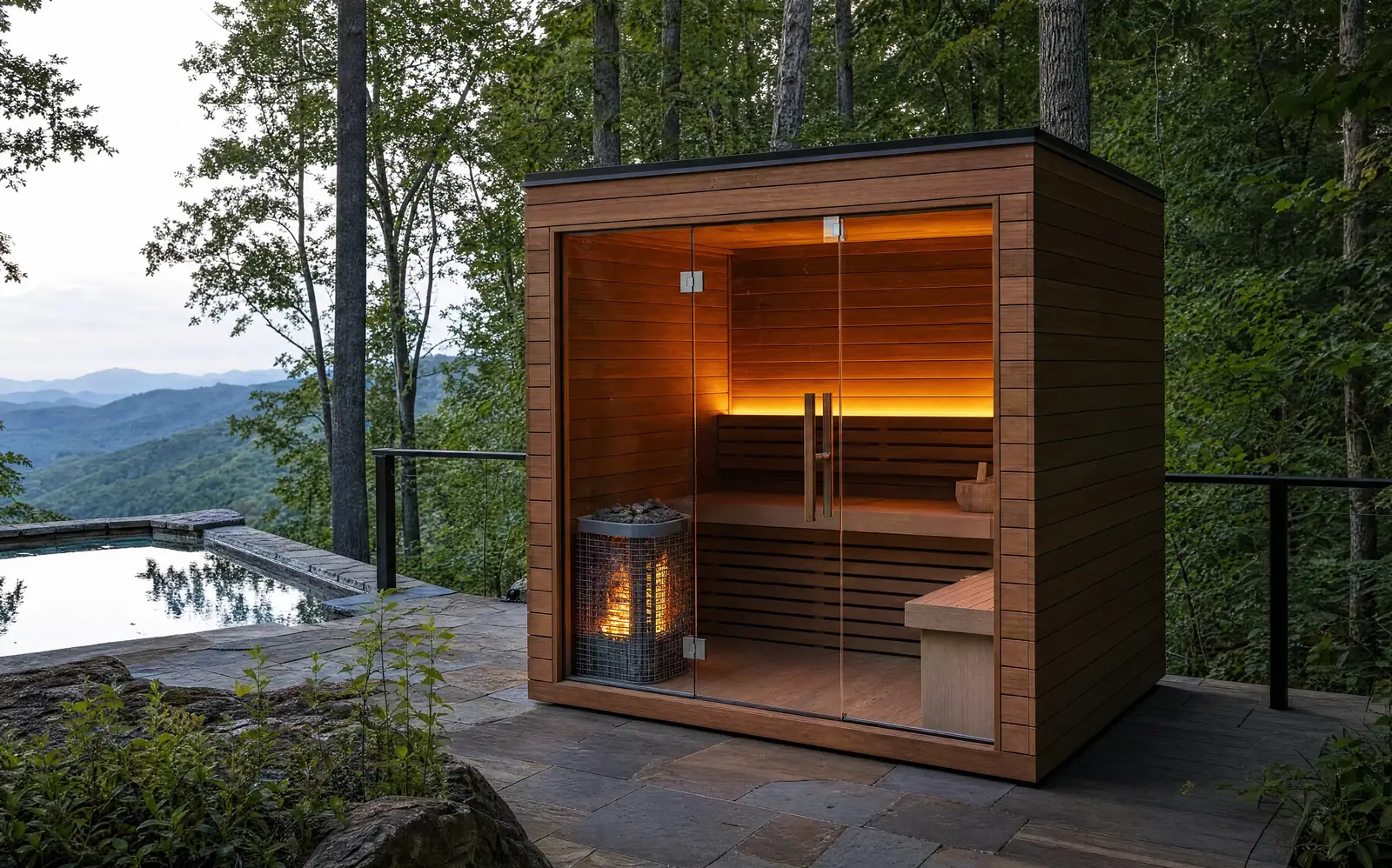 Outdoor sauna beside a pool