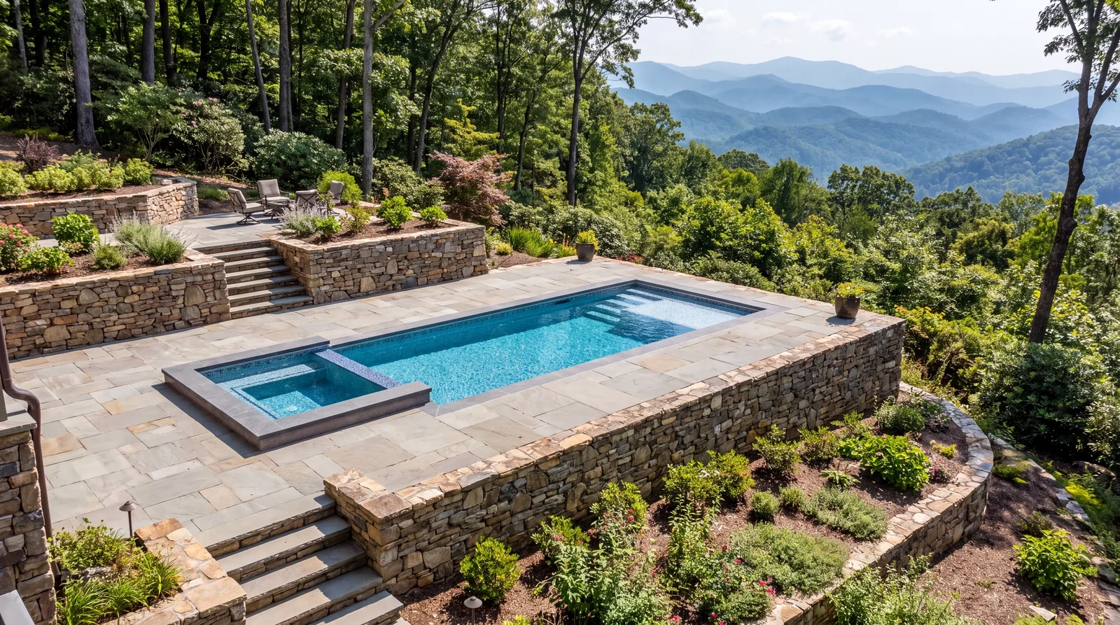 Pool and spa on a terraced hillside with stone retaining walls
