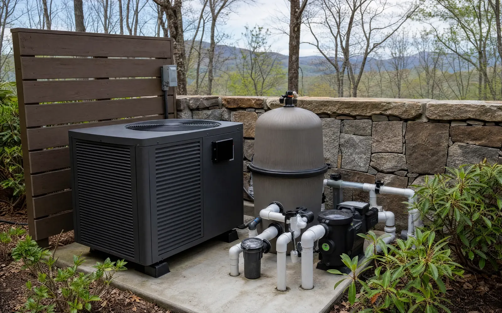 Pool equipment pad with a heat pump, filter and pump