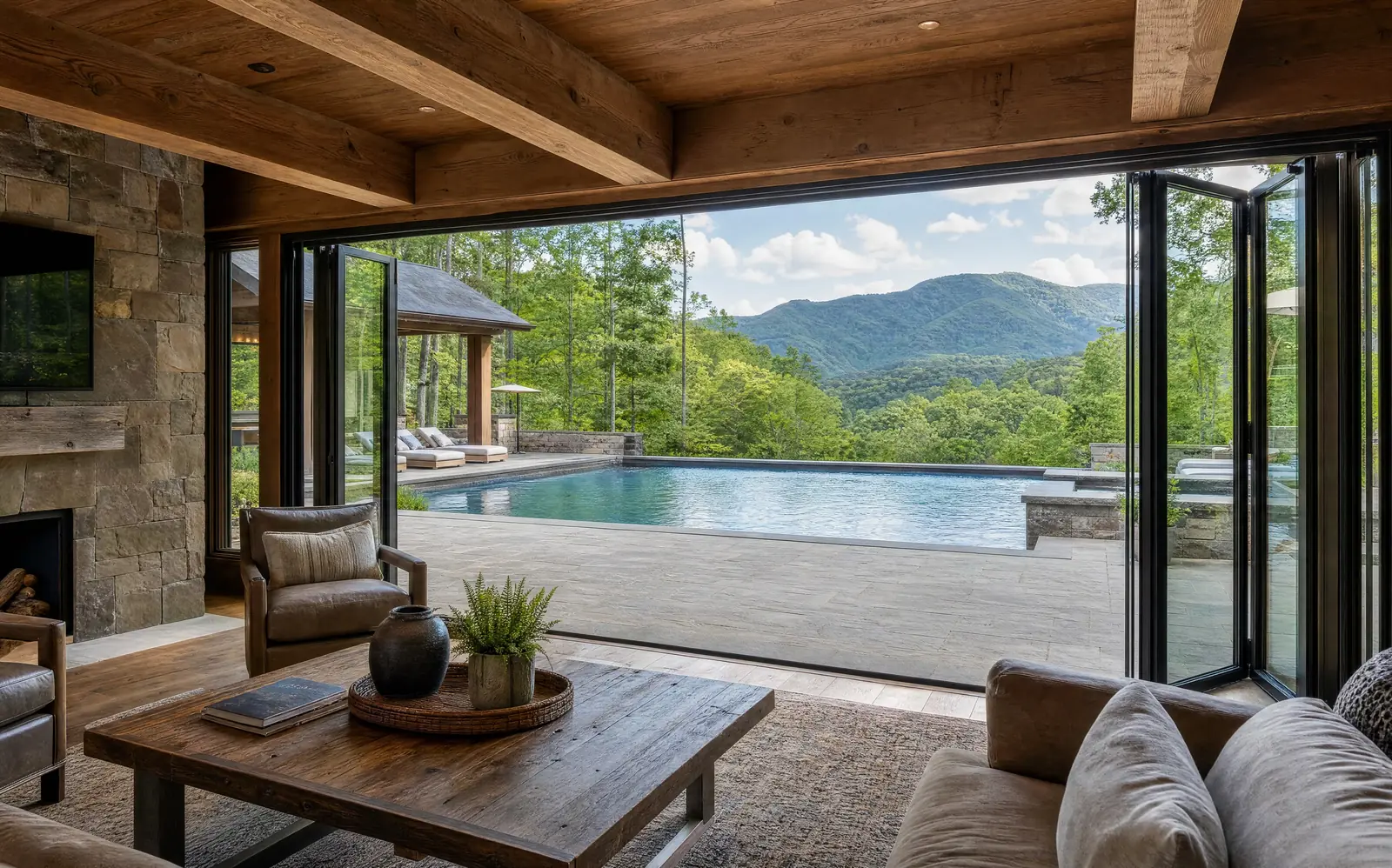 Pool house interior looking out to the pool