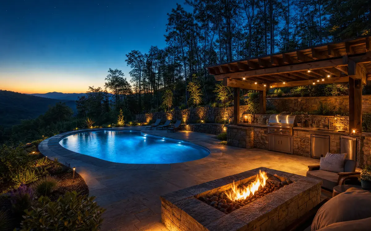 Pool and outdoor kitchen at night with landscape lighting