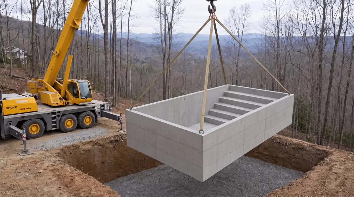 Precast concrete pool shell being set by crane