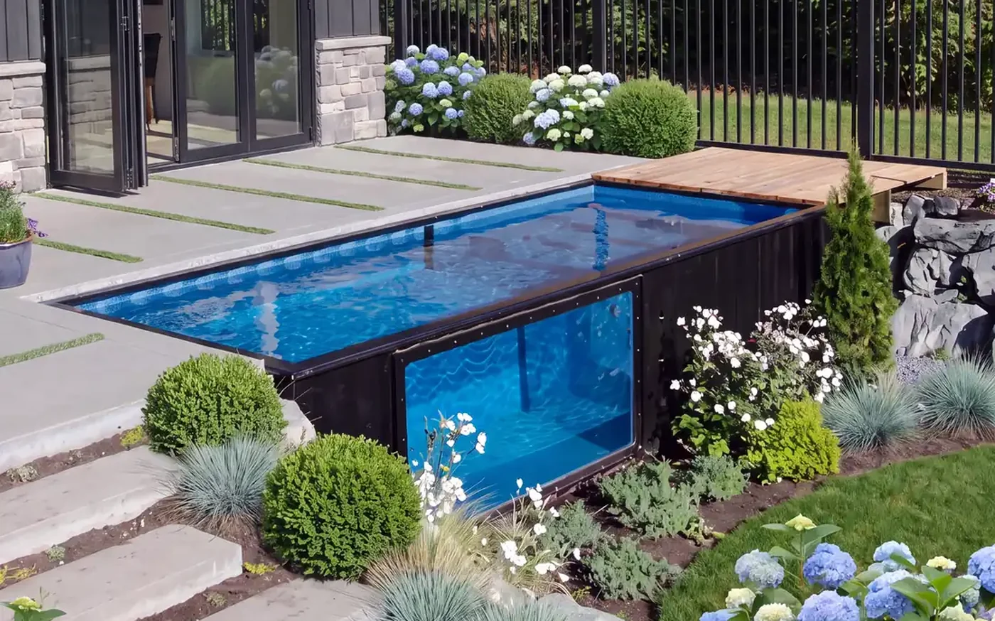 Shipping container pool with a viewing window